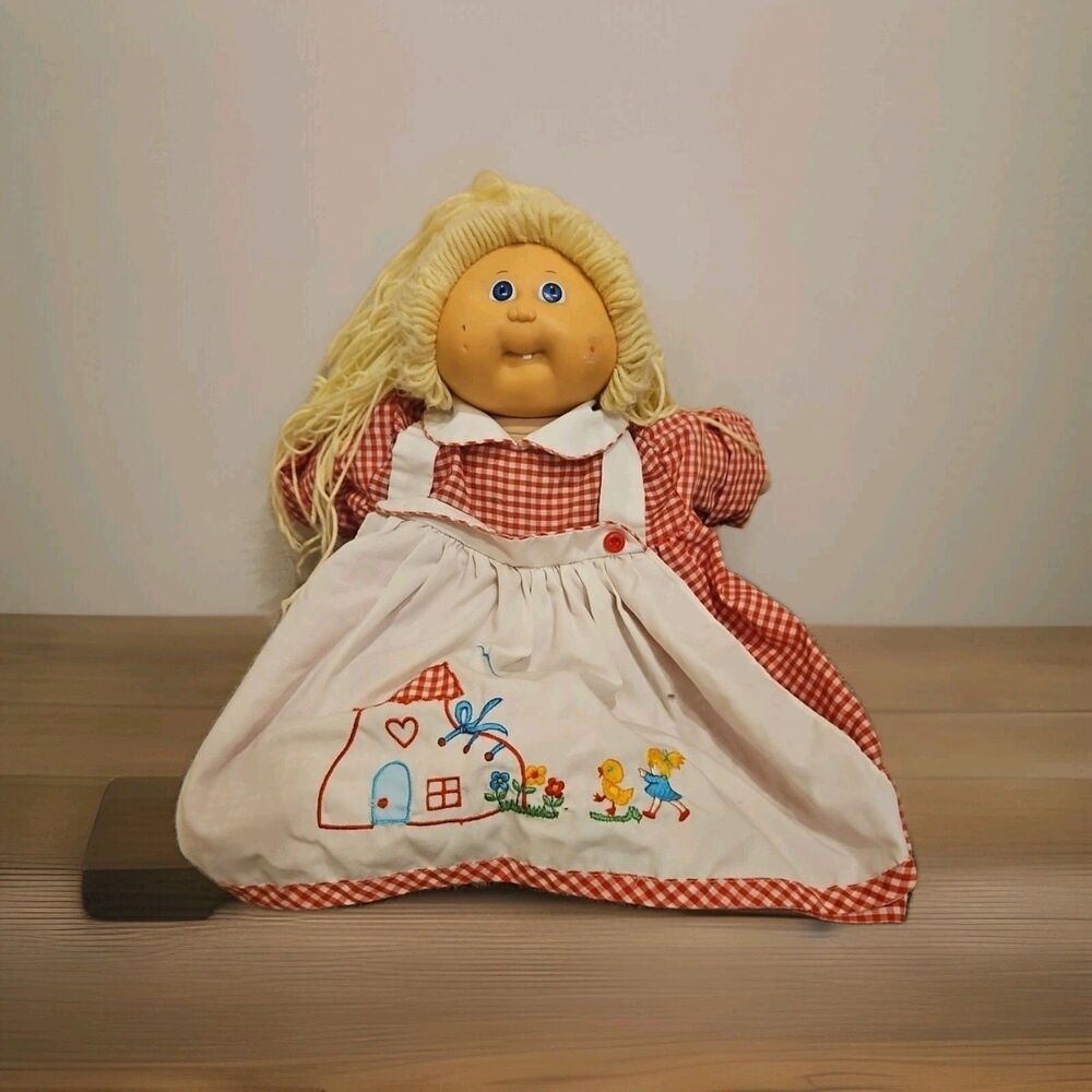 Vintage Cabbage Patch Kids Doll 1982 Blonde Blue Eyes Dimple Embroidered Dress